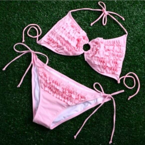 T&J Designs Bikini String Ties Pink Rufflebutt Lined Women's sz M - Picture 1 of 8